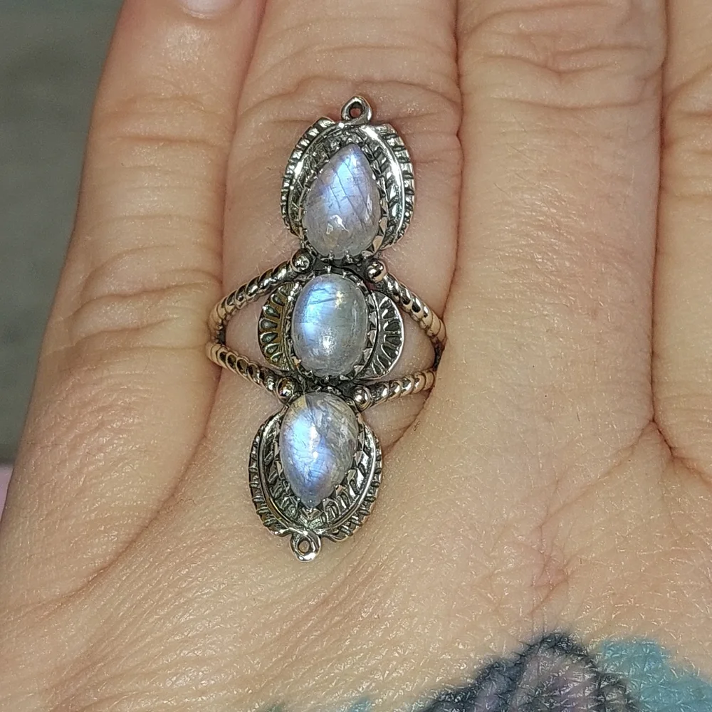 Triple Moonstone Solid Sterling Silver Ring